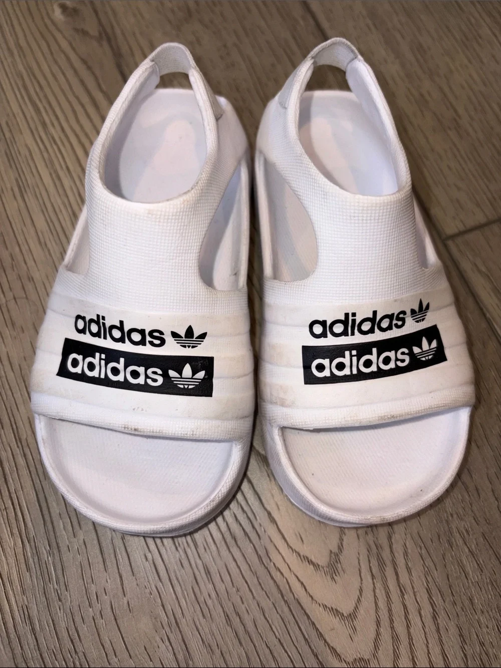 adidas White Kids Slip-On Open-Toe Sandals with Black Logos